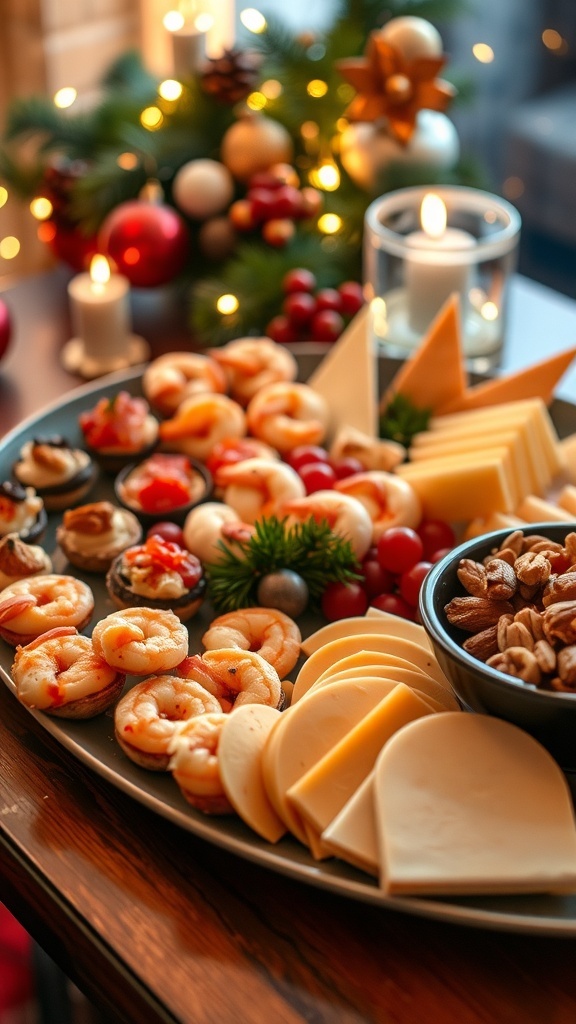 Elegant Christmas party appetizers including stuffed mushrooms, shrimp cocktail, and cheese platter.